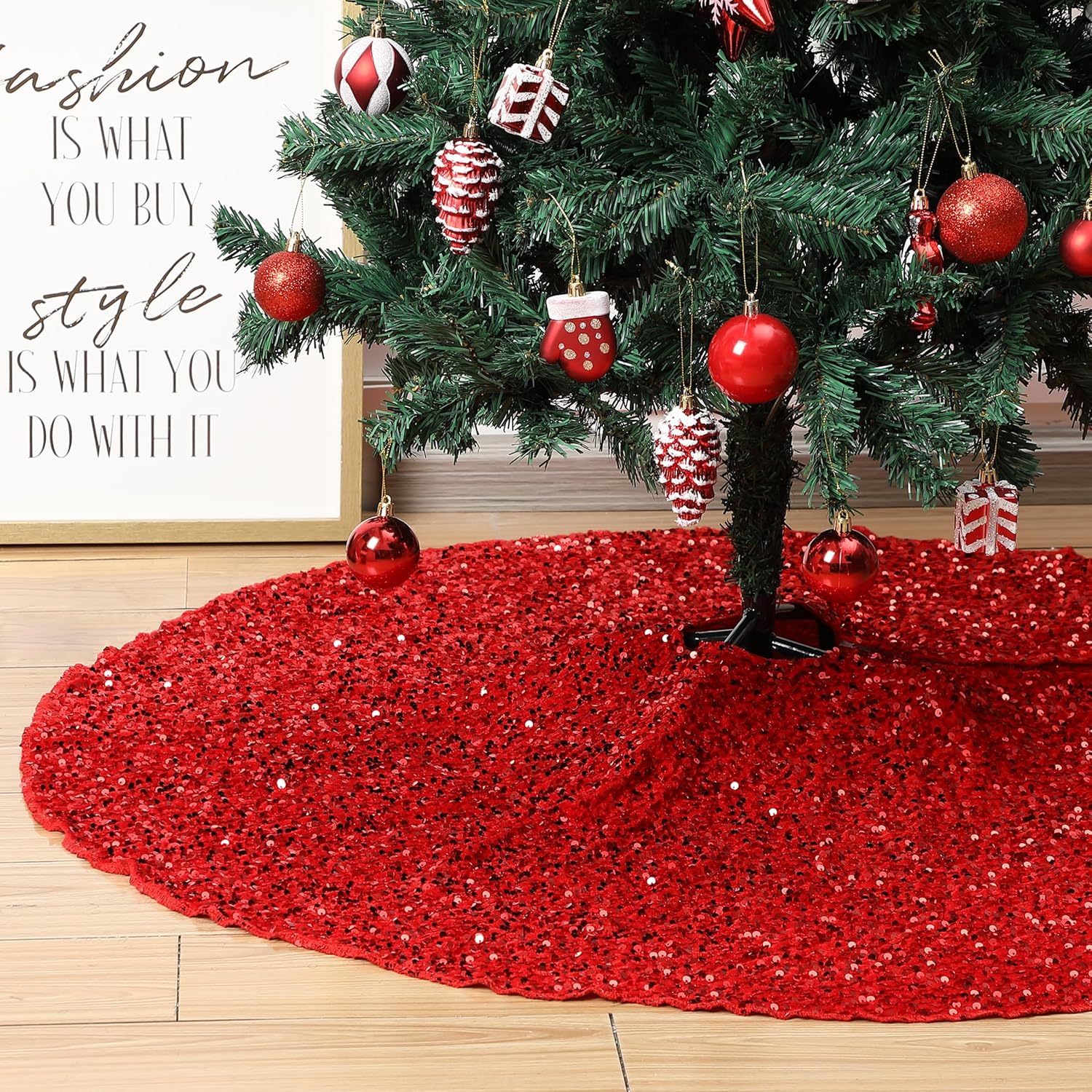 Mr. Pen- Christmas Tree Skirt, 48 inch, Red Sequin Tree Skirt